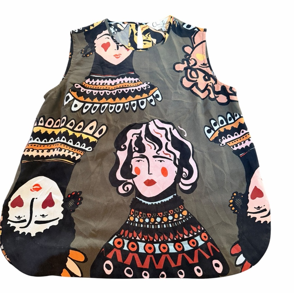 gorman Olive Multicolor Illustrated Faces Sleeveless Tunic - Picture 5 of 11